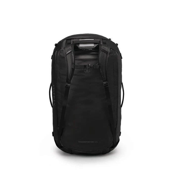 Osprey Transporter Duffel 120 in Raven Black, front view highlighting padded stowaway harness straps.