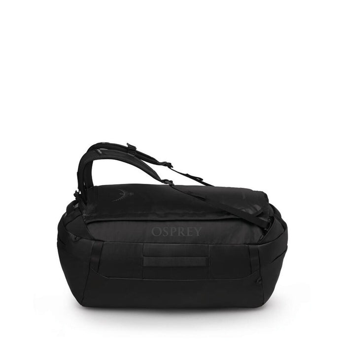 Front View – Osprey Transporter Duffel 65 in Raven Black displayed upright with visible grab handles and logo.