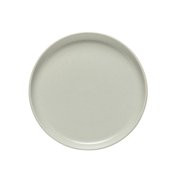 A plain, round, light gray ceramic plate with a slightly raised edge, viewed from above on a white background—an elegant piece from Costa Nova Pacifica Dinnerware Oyster Grey.