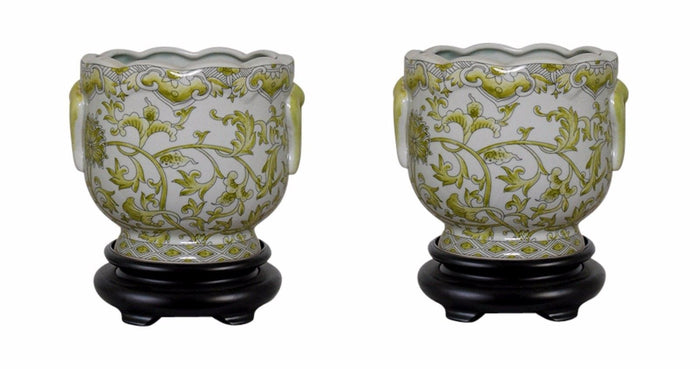 Pair Round Scallop Rim Green and White Lotus Porcelain Pot Wooden Base 7"