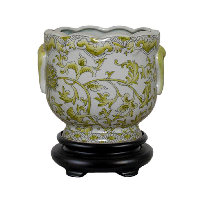 Pair Round Scallop Rim Green and White Lotus Porcelain Pot Wooden Base 7"