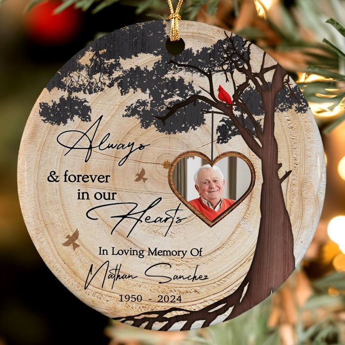 Personalized Memorial Christmas Ornaments | Always and Forever in Our Heart Red Cardinal Christmas Ornaments