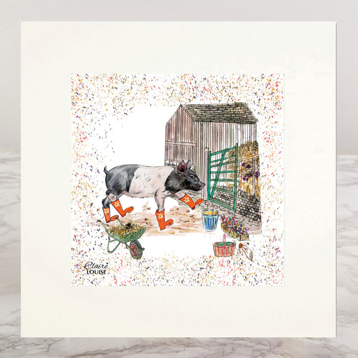 Pig Bouquet Boots Mounted Print