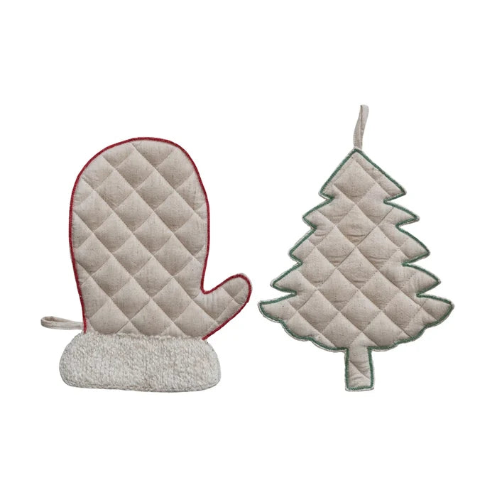 Quilted & Linen Mitten/Tree Shaped Pot Holder with Embroidery, 2 Styles