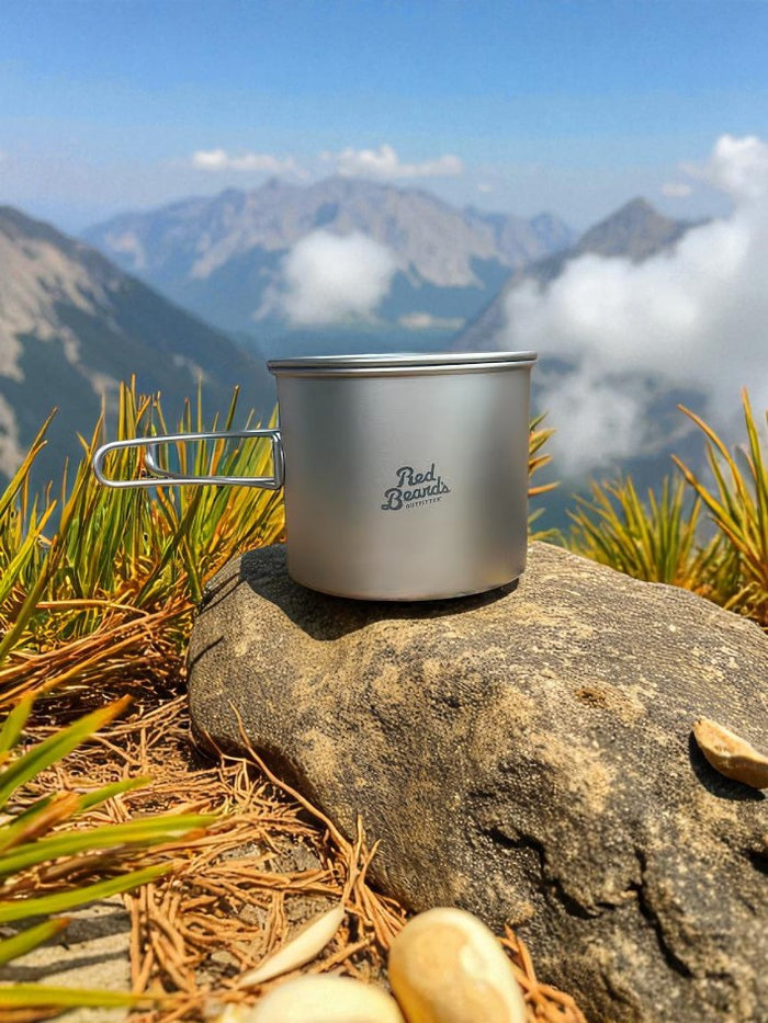 Red Beard’s Outfitter 1.1 L titanium backpacking pot on a rock in the mountains