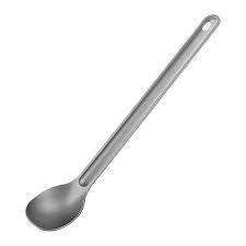 Full-length titanium backpacking spoon with narrow handle and rounded bowl