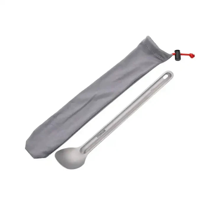 Long handle titanium backpacking spoon with included drawstring storage pouch