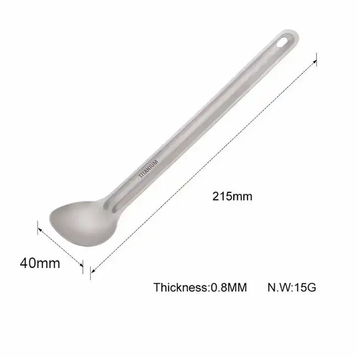 Titanium backpacking spoon dimensions showing 215 mm length, 40 mm bowl width, and 0.8 mm thickness