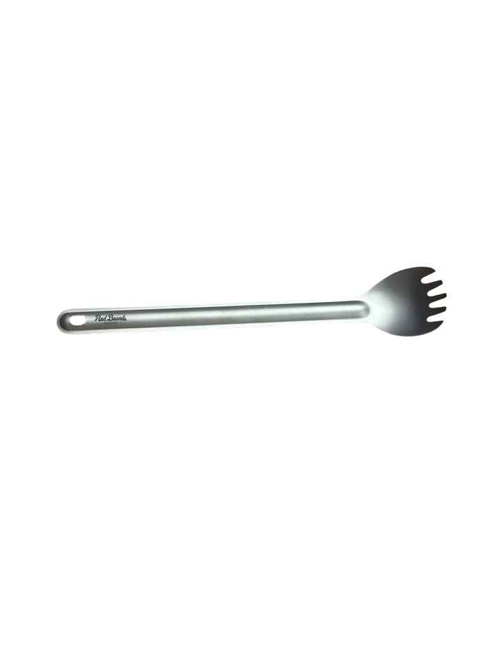 Red Beard’s Outfitter long handle titanium backpacking spork on a transparent background