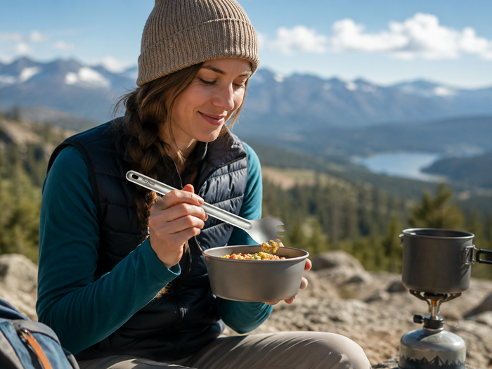 Hiker eating a trail meal with a long handle titanium spork beside a backpacking stove