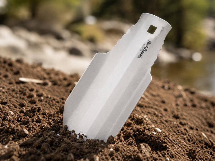 Sas-Squat titanium backpacking trowel positioned in soil beside a stream