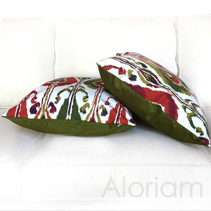 Robert Allen Ikat Bands Green Red Ivory Decorative Throw Pillow Cushion Cover Cushion Pillow Case Euro Sham 16x16 18x18 20x20 22x22 24x24 26x26 28x28 Lumbar Pillow 12x18 12x20 12x24 14x20 16x26 by Aloriam