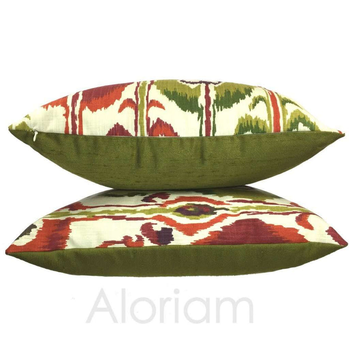Robert Allen Ikat Bands Green Red Ivory Decorative Throw Pillow Cushion Cover Cushion Pillow Case Euro Sham 16x16 18x18 20x20 22x22 24x24 26x26 28x28 Lumbar Pillow 12x18 12x20 12x24 14x20 16x26 by Aloriam