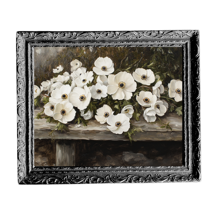 Rustic White Petal Flower | French Black Mould Framed Art