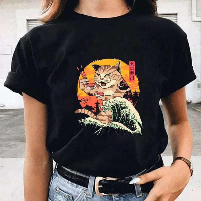 Short Sleeve Shirt Round Neck Cool Printed Loose Casual Female Women T-Shirts Top