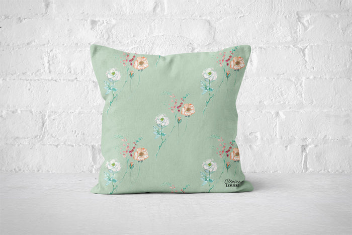 Spray of Flowers Cushion - Celadon Green