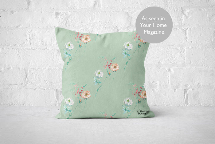 Spray of Flowers Cushion - Celadon Green