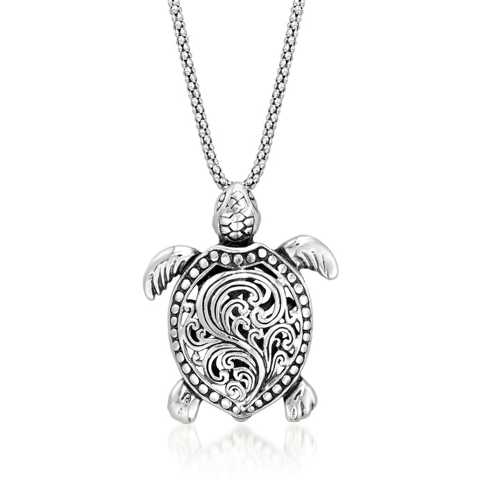 Sterling silver turtle pendant necklace with carved turtle charm on chain