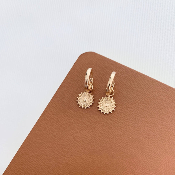 Victoire Collection Gold-Plated Round Sun Pendant Earrings