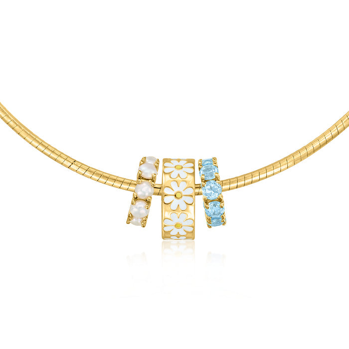 Center daisy bead charm on gold-tone snake chain with white enamel flower details